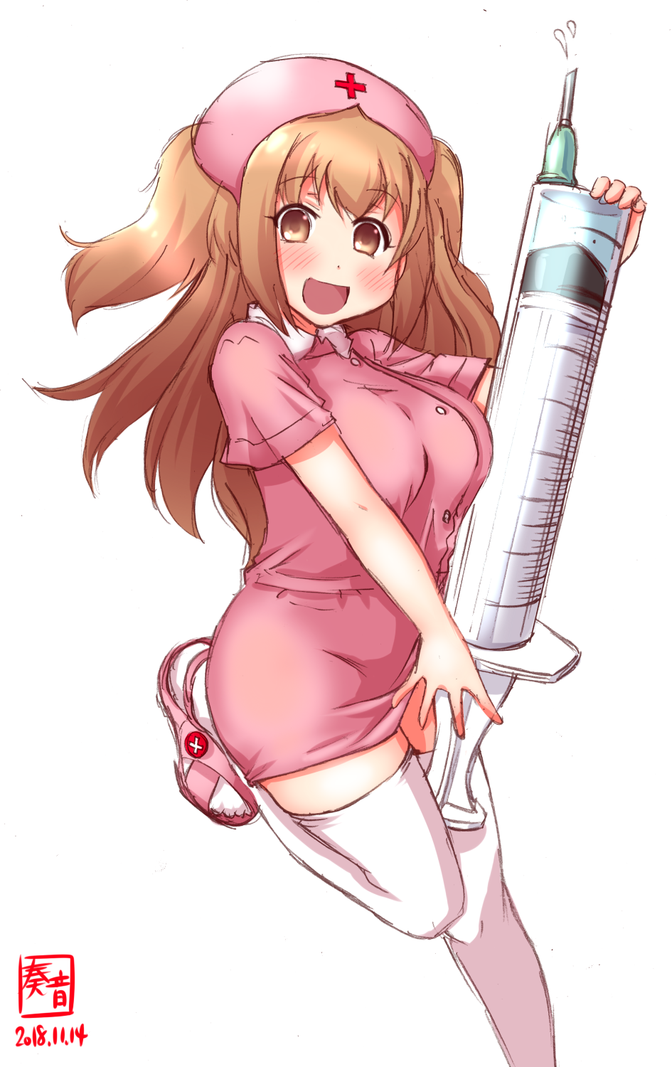 1girl alternate_costume artist_logo blush breasts collared_dress dated dress eyebrows_visible_through_hair hat highres i-26_(kantai_collection) kanon_(kurogane_knights) kantai_collection large_breasts light_brown_eyes light_brown_hair long_hair looking_at_viewer nurse nurse_cap open_mouth pink_dress sandals short_dress short_sleeves signature simple_background smile solo standing standing_on_one_leg syringe thigh-highs two_side_up white_background white_legwear