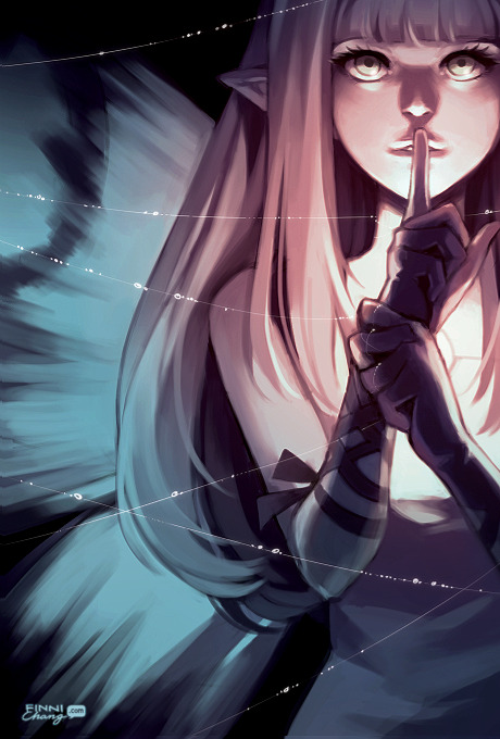 1girl aerie_(bravely_default) arm_ribbon bare_shoulders bravely_default:_flying_fairy bravely_default_(series) butterfly_wings close-up commentary english_commentary eyelashes fairy fairy_wings finger_to_mouth finni_chang gloves hime_cut long_hair nose pointy_ears ribbon shushing silk solo spider_web wings