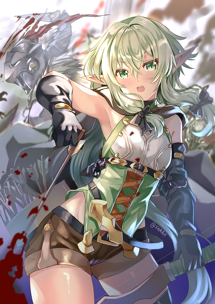 1boy 1girl arm_up armor armpits arrow artist_name asymmetrical_gloves bangs black_bow black_gloves blood blush bow bow_(weapon) cape dagger elbow_gloves elf eyebrows_visible_through_hair full_armor gloves goblin goblin_slayer goblin_slayer! green_eyes green_hair hair_between_eyes hair_bow helmet high_elf_archer_(goblin_slayer!) holding holding_bow_(weapon) holding_weapon long_hair looking_at_viewer mismatched_gloves navel open_mouth pointy_ears quiver sheath sheathed shorts sidelocks sleeveless sword upper_teeth weapon xephonia