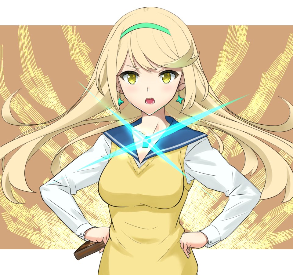 1girl bangs blonde_hair blush breasts dolling60883582 earrings gem hair_ornament mythra_(xenoblade) jewelry large_breasts long_hair looking_at_viewer neckerchief nintendo open_mouth pleated_skirt sailor_collar school_uniform serafuku skirt solo swept_bangs tiara xenoblade_(series) xenoblade_2 yellow_eyes
