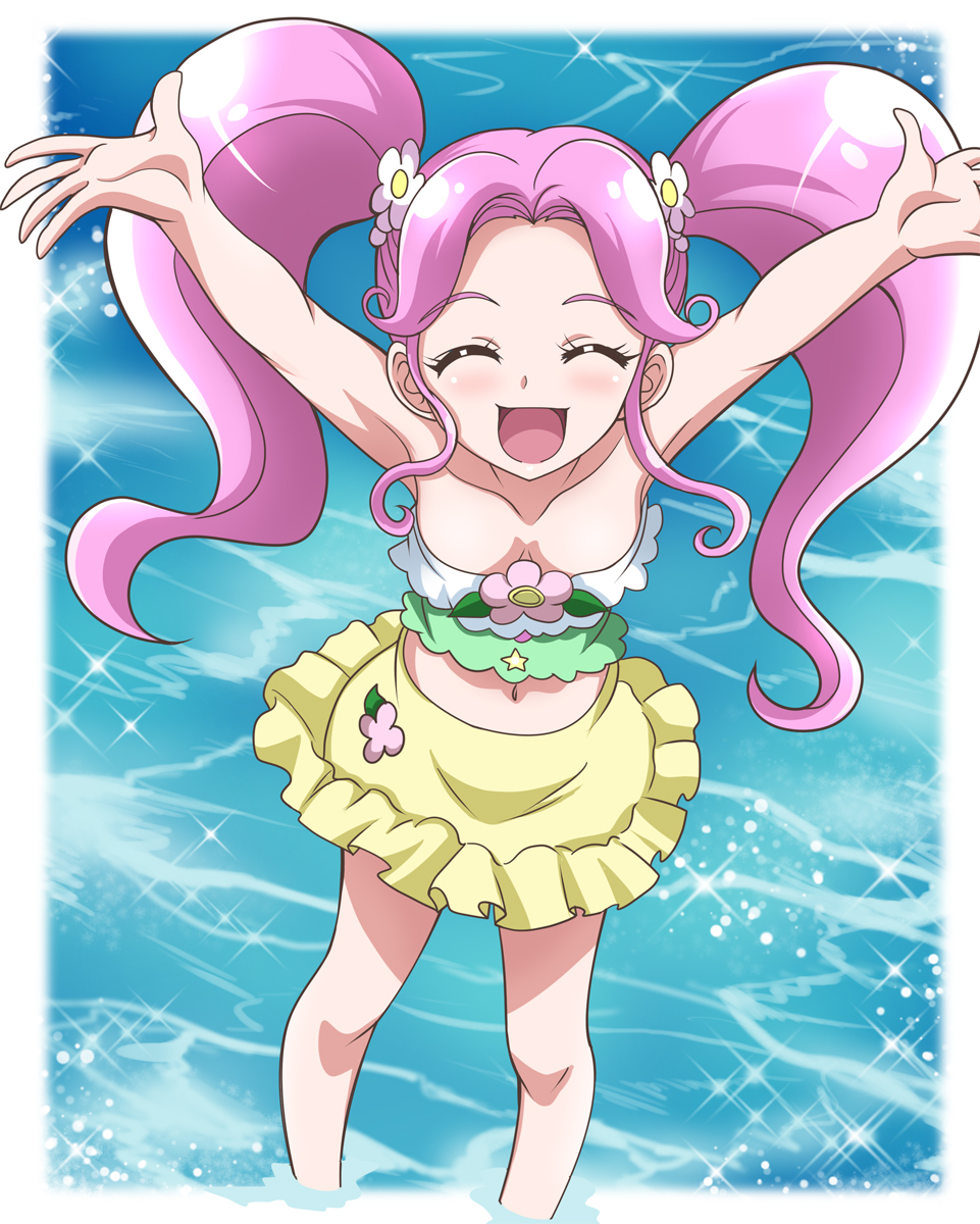 1girl :d arms_up blush breasts cleavage closed_eyes collarbone floating_hair flower frilled_skirt frills hair_flower hair_ornament hanami_kotoha hanzou highres long_hair mahou_girls_precure! midriff miniskirt navel open_mouth outstretched_arms pink_hair precure shiny shiny_hair skirt small_breasts smile soaking_feet solo sparkle standing stomach strapless strapless_bikini twintails very_long_hair water white_flower yellow_skirt