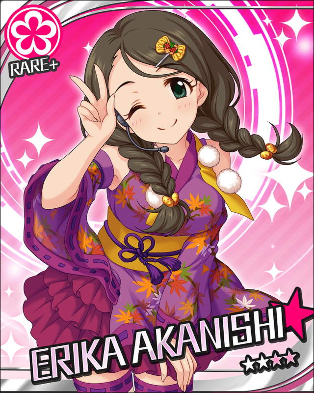 akanishi_erika blush brown_eyes brown_hair character_name idolmaster idolmaster_cinderella_girls long_hair smile stars twin_braids wink yukata