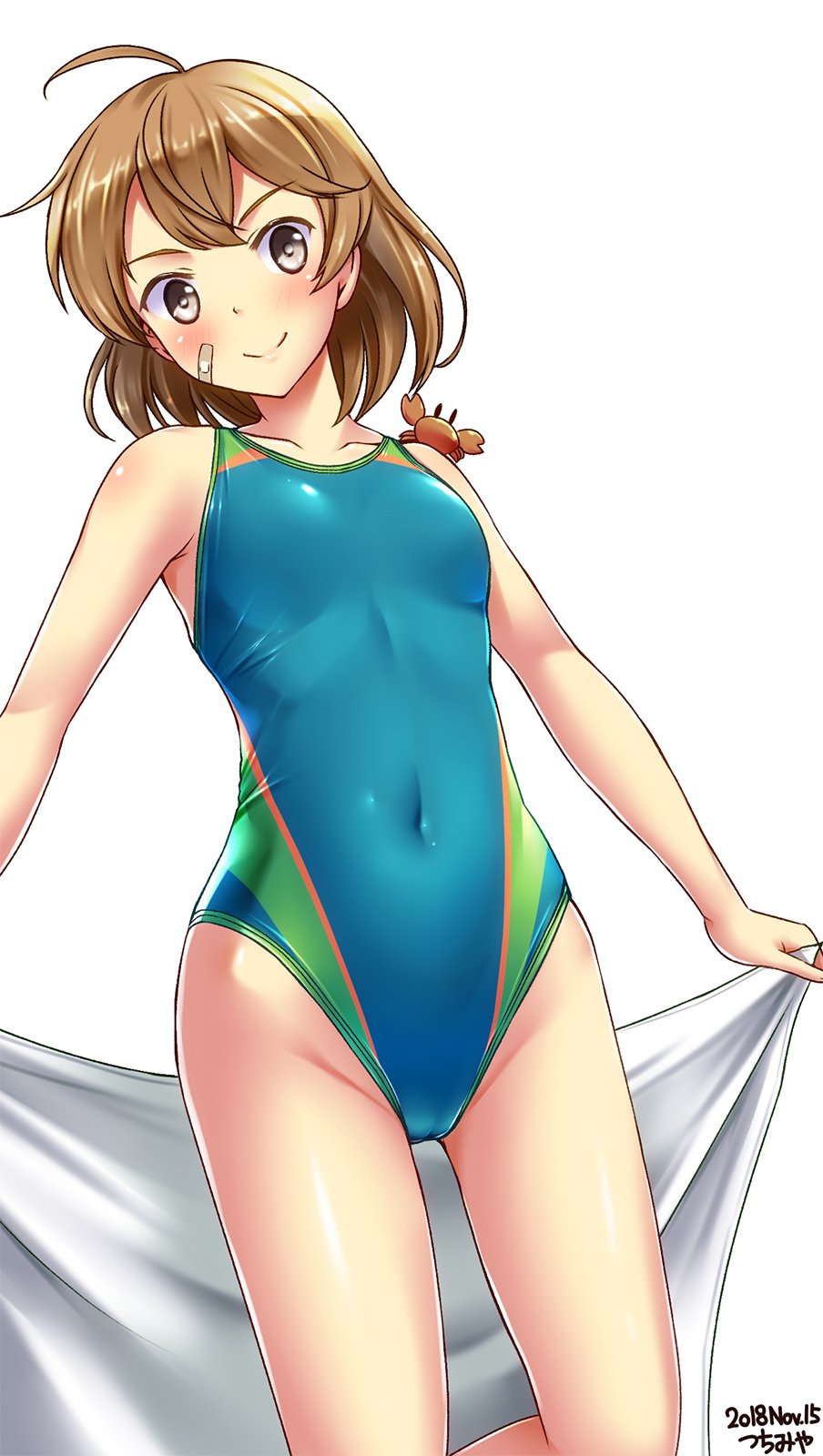 1girl animal animal_on_shoulder antenna_hair artist_name bandaid bandaid_on_face blue_swimsuit blush breasts brown_eyes brown_hair collarbone competition_swimsuit cowboy_shot crab dated eyebrows_visible_through_hair hair_between_eyes highres kantai_collection looking_at_viewer medium_hair oboro_(kantai_collection) one-piece_swimsuit short_hair simple_background small_breasts smile solo standing swimsuit towel tsuchimiya white_background white_towel