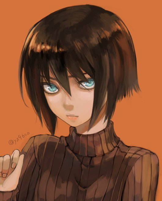 1girl black_hair blue_eyes glowing glowing_eyes looking_at_viewer medium_hair orange_background original signature simple_background solo sweater turtleneck turtleneck_sweater ys96co