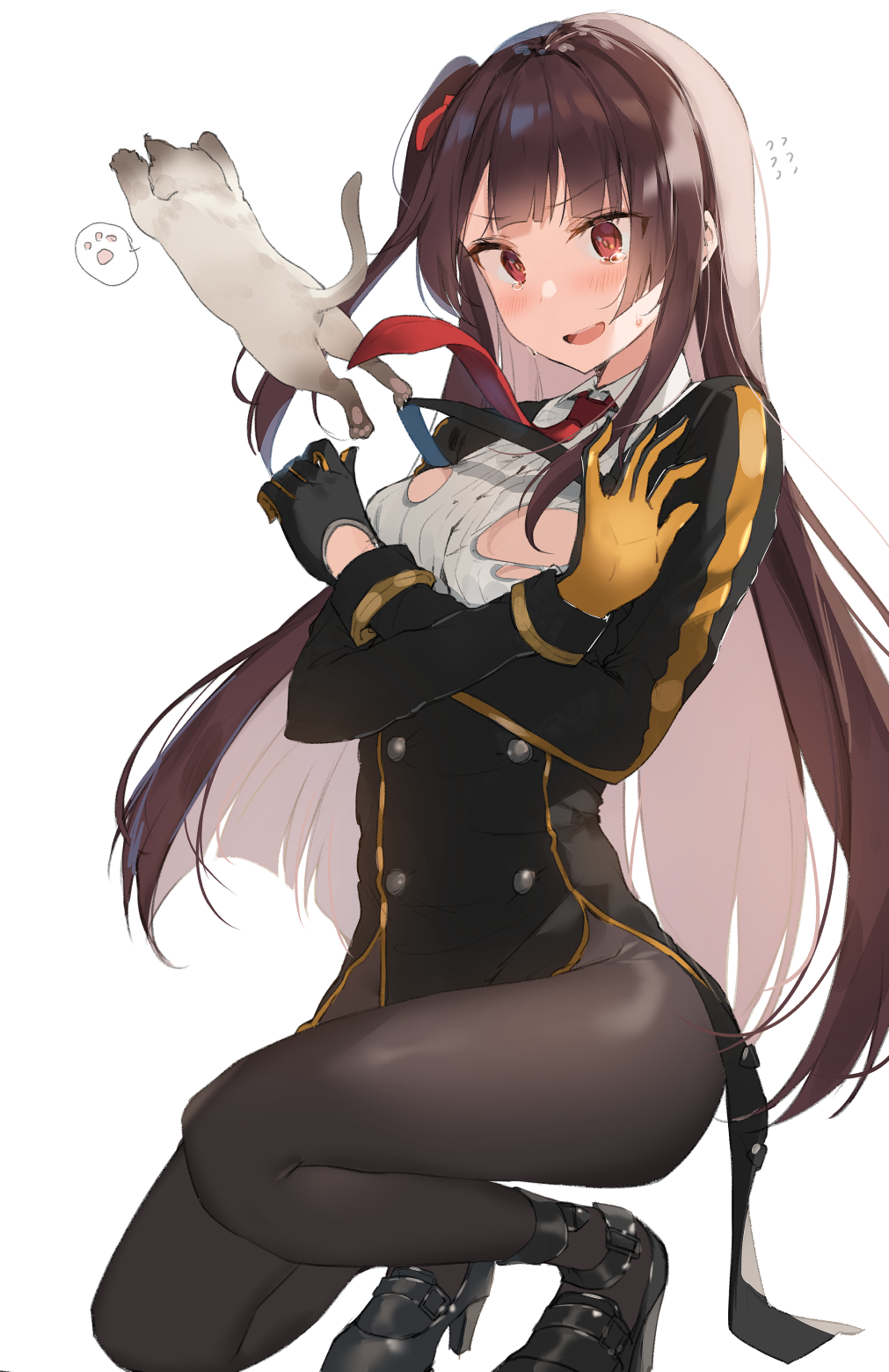 1girl animal bangs black_dress black_footwear black_gloves blush brown_hair brown_legwear cat commentary crossed_arms dress eyebrows_visible_through_hair flying_sweatdrops girls_frontline gloves hair_ribbon high_heels highres long_hair necktie one_side_up open_mouth pantyhose red_eyes red_neckwear red_ribbon ribbon sabet_(young_ouo) shirt shoes simple_background solo squatting sweat tears torn_clothes torn_shirt very_long_hair wa2000_(girls_frontline) white_background white_shirt