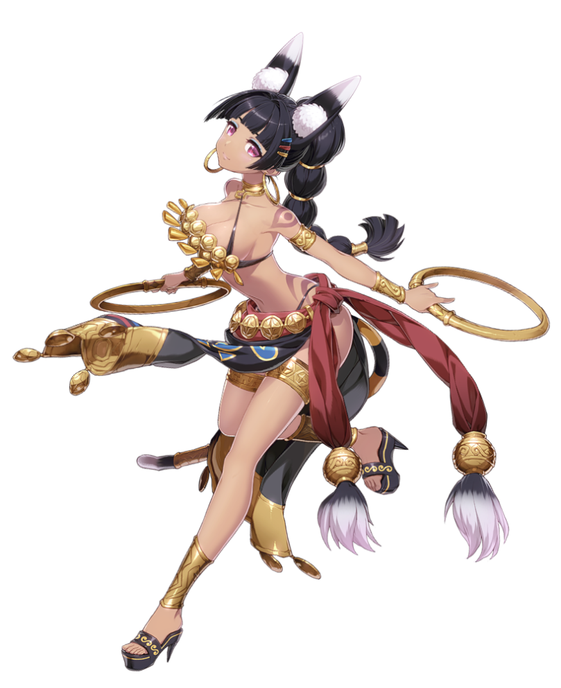 1girl animal_ears armlet bangs bare_shoulders black_sandals blunt_bangs bracelet breasts cat_ears cat_tail cleavage collarbone dark_skin earrings epic7 eyeshadow full_body hair_ornament hairclip hoop hoop_earrings jewelry large_breasts long_hair makeup navel ponytail rin_gamod smile solo standing tail tattoo thighlet transparent_background