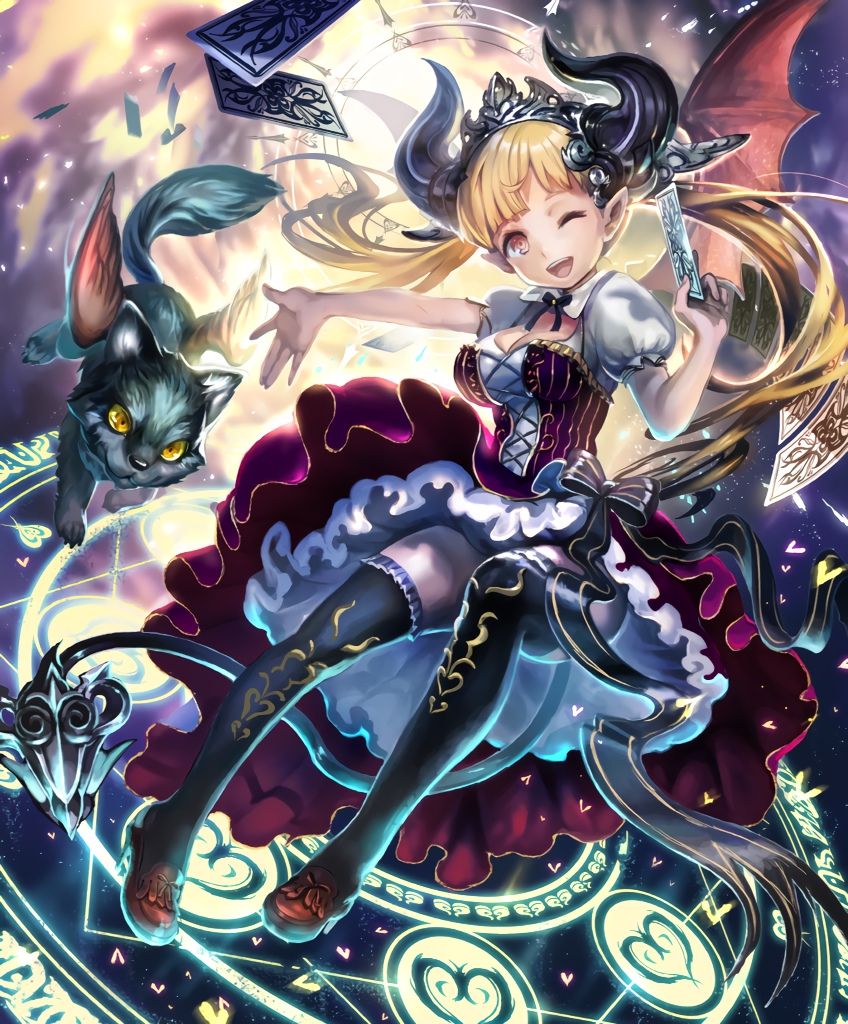 1girl :d artist_request blonde_hair breasts bustier card cygames demon_girl demon_horns demon_tail demon_wings diadem dog dress frills gremory_(shadowverse) horns large_breasts long_hair magic_circle official_art one_eye_closed open_mouth pointy_ears puffy_sleeves ribbon smile tail thigh-highs twintails wings yellow_eyes