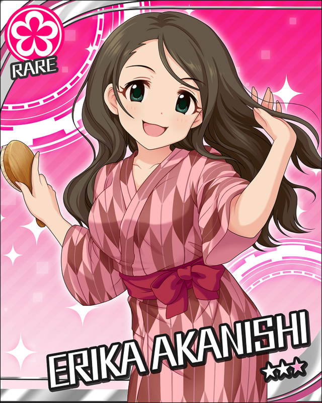 akanishi_erika blush brown_eyes brown_hair character_name idolmaster idolmaster_cinderella_girls kimono long_hair smile stars