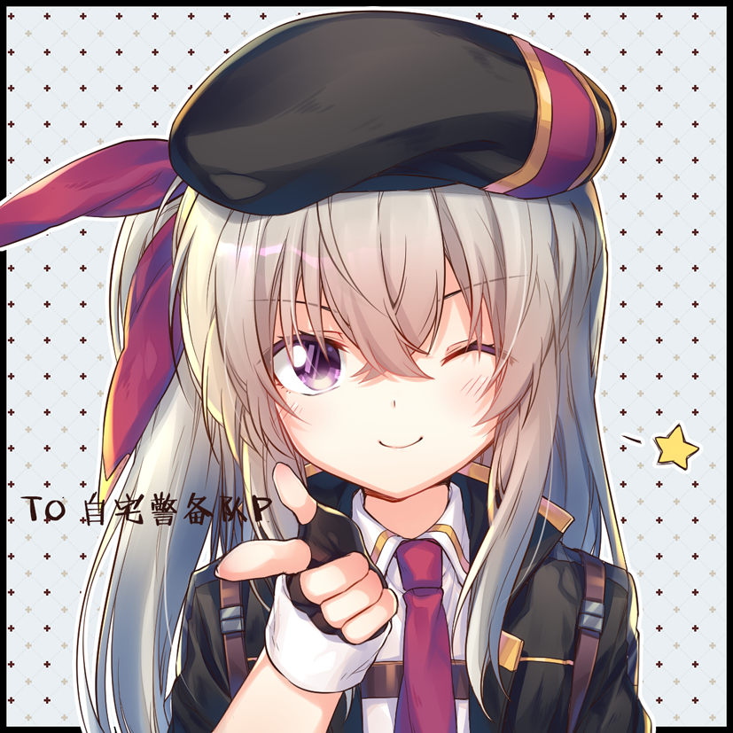 1girl ;) bangs beret black_gloves black_hat black_jacket blush closed_mouth collared_shirt eyebrows_visible_through_hair fingerless_gloves fingernails girls_frontline gloves grey_hair hair_between_eyes hair_ribbon hand_up hat jacket jiang-ge long_hair looking_at_viewer necktie one_eye_closed one_side_up open_clothes open_jacket pointing pointing_at_viewer red_neckwear red_ribbon ribbon shirt smile solo star translation_request usas-12_(girls_frontline) violet_eyes white_shirt