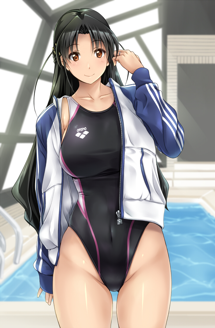 1girl arena_(company) black_hair black_swimsuit blurry brown_eyes commentary_request competition_swimsuit covered_navel cowboy_shot depth_of_field groin highleg highleg_swimsuit indoors jacket long_hair looking_at_viewer multicolored multicolored_clothes multicolored_jacket one-piece_swimsuit original pool rei_no_pool solo standing swimsuit yukitaka