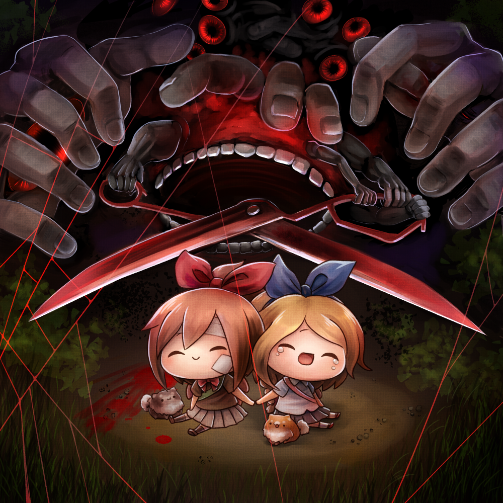 2girls :d ^_^ backpack bag bandage bandage_on_face bandaged_head bandages black_legwear black_shirt blonde_hair blood blood_splatter blue_bow blue_neckwear bow braid brown_hair bush chaco_(yomawari) chibi closed_eyes closed_eyes closed_mouth commentary_request dog extra_arms grass hair_bow hair_ribbon haru_(yomawari) holding holding_scissors kotowari-sama long_hair monster multiple_arms multiple_girls night on_ground open_mouth outdoors pleated_skirt red_bow red_eyes red_neckwear red_string ribbon scissors shirt short_sleeves sitting skirt smile string tears twin_braids white_legwear white_shirt yomawari:_midnight_shadows yui_(yomawari) yumaru_(marumarumaru)