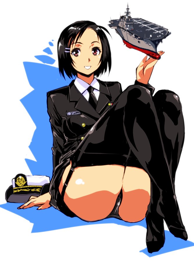 1girl arm_up ass black_hair black_jacket black_legwear black_neckwear black_skirt brown_eyes commentary_request crotch_seam double-breasted eyebrows_visible_through_hair grey_panties hair_ornament hairclip hat jacket knees_up long_sleeves looking_at_viewer military military_hat military_uniform necktie open_mouth original panties pleated_skirt ship shirt short_hair simple_background sitting skirt solo thigh-highs thighs underwear uniform watercraft white_shirt yuya