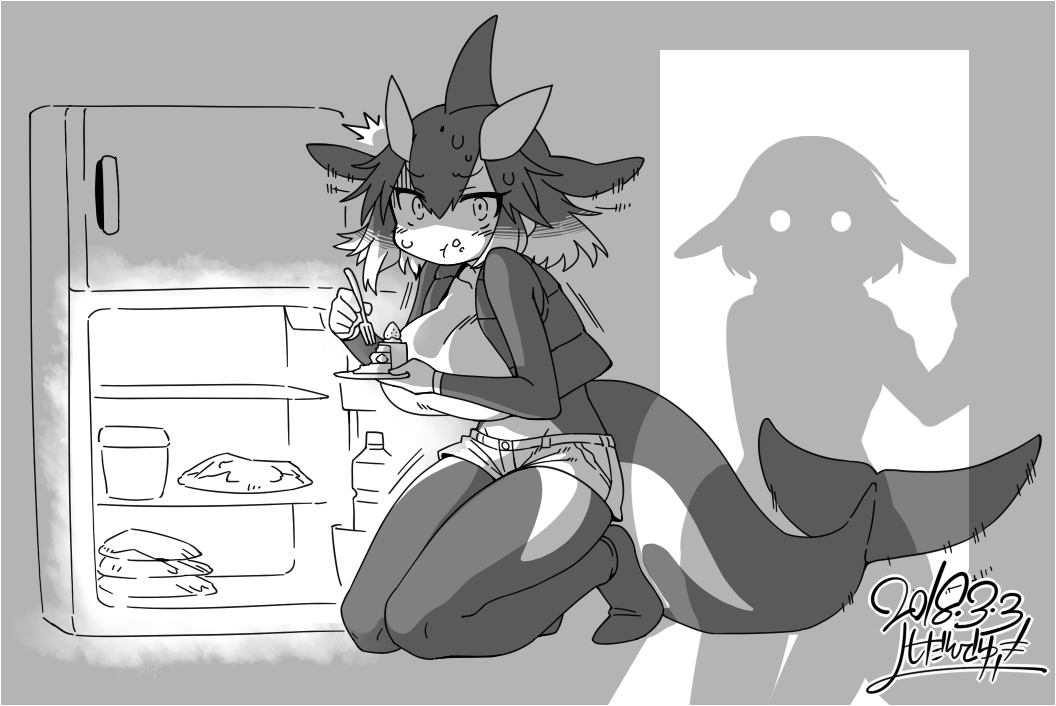 /\/\/\ 2girls beluga_whale_(kemono_friends)_(stylecase) bodysuit borrowed_character breasts cake constricted_pupils dated dolphin_tail eating eyebrows_visible_through_hair food food_on_face fork fruit full_body gloom_(expression) greyscale hair_ornament head_fins holding holding_fork holding_plate kemono_friends killer_whale_(kemono_friends)_(stylecase) kneeling long_sleeves medium_hair monochrome motion_lines multicolored_hair multiple_girls open_clothes open_vest original plate refrigerator shade shadow shorts signature silhouette slice_of_cake solo_focus strawberry strawberry_shortcake surprised sweat sweating_profusely tail tsurime vest yoshida_hideyuki