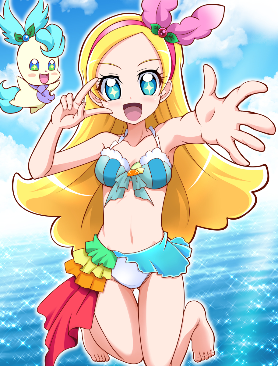 1girl :d bangs barefoot bikini blonde_hair blue_bikini blue_eyes blue_sky breasts cleavage collarbone day floating_hair front-tie_bikini front-tie_top full_body hair_ornament hairband hanzou highres kirahoshi_ciel kirakira_precure_a_la_mode long_hair looking_at_viewer medium_breasts navel ocean open_mouth outdoors outstretched_arm parted_bangs pikario_(precure) pink_hairband precure shiny shiny_hair sky smile solo sparkle striped_bikini_top swimsuit symbol-shaped_pupils v_over_eye very_long_hair white_bikini_bottom