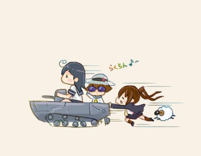 3girls ahoge amphibious_ground_vehicle black_hair brown_hair chibi comic fumizuki_(kantai_collection) hat headgear kantai_collection long_hair long_sleeves multiple_girls neckerchief otoufu pleated_skirt ponytail pushing school_uniform sheep short_hair short_sleeves sitting skirt special_type_2_launch_ka-mi standing sun_hat sunglasses ushio_(kantai_collection) yellow_background yukikaze_(kantai_collection)