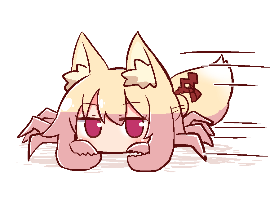 1girl animal_ear_fluff animal_ears animalization bangs blonde_hair blush crab crab_girl eyebrows_visible_through_hair fox_ears fox_girl fox_tail full_body hair_between_eyes hair_bun hair_ornament kemomimi-chan_(naga_u) looking_at_viewer motion_lines naga_u original pincers red_eyes solo tail white_background