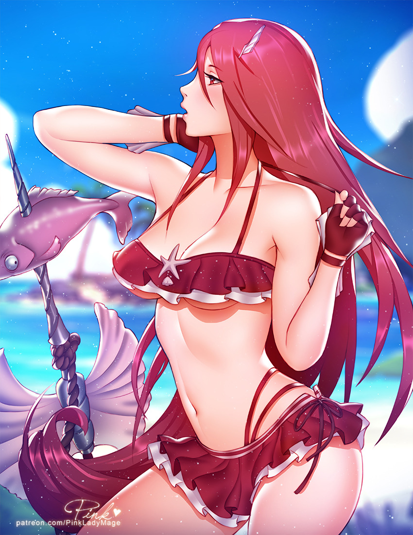 1girl artist_name bare_shoulders bikini bikini_skirt blue_sky blurry blurry_background breasts commentary day english_commentary fingerless_gloves fire_emblem fire_emblem:_kakusei fire_emblem_heroes fish gloves hair_ornament hairclip long_hair looking_away medium_breasts navel nintendo outdoors parted_lips pink_lady_mage profile red_eyes redhead signature sky solo swimsuit cordelia_(fire_emblem) very_long_hair