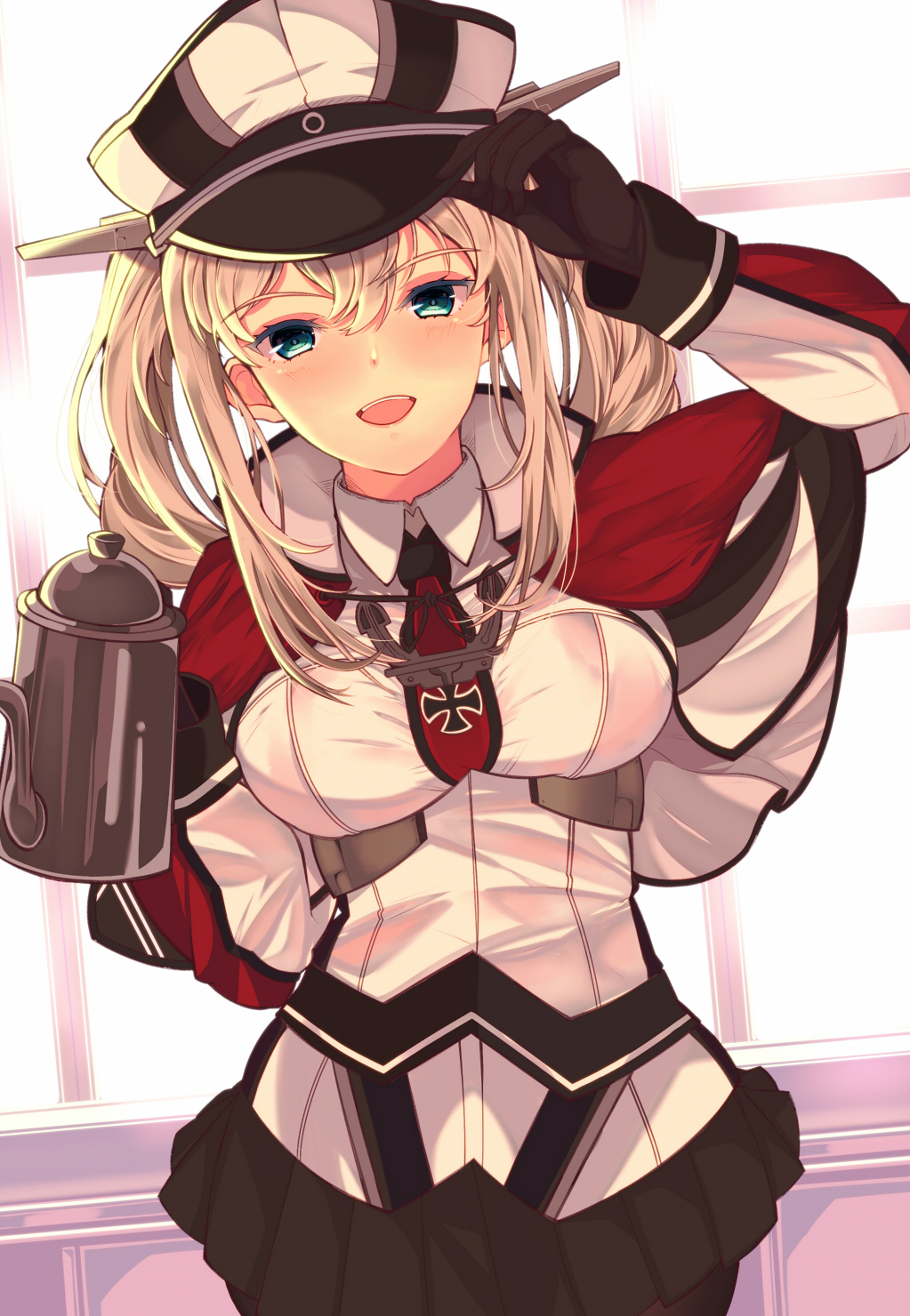 1girl adjusting_clothes adjusting_hat anchor aqua_eyes bangs black_gloves blonde_hair breasts capelet celtic_knot coffee_pot cross eyebrows_visible_through_hair gloves gradient gradient_background graf_zeppelin_(kantai_collection) green_eyes hair_between_eyes hat highres indoors iron_cross kantai_collection long_hair long_sleeves looking_at_viewer medium_breasts military military_hat military_uniform miniskirt mizuyoukan_(mikususannda) necktie open_mouth pantyhose peaked_cap sidelocks skirt smile solo standing twintails uniform white_hat window yellow_background