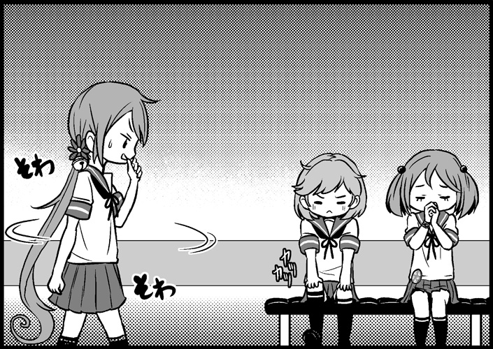 3girls akebono_(kantai_collection) bell bench biting closed_eyes comic finger_biting flower greyscale hair_bell hair_bobbles hair_flower hair_ornament jingle_bell kantai_collection kneehighs long_hair monochrome multiple_girls neck_ribbon nervous oboro_(kantai_collection) otoufu praying ribbon sazanami_(kantai_collection) school_uniform serafuku side_ponytail sitting skirt sweatdrop twintails very_long_hair walking wristband