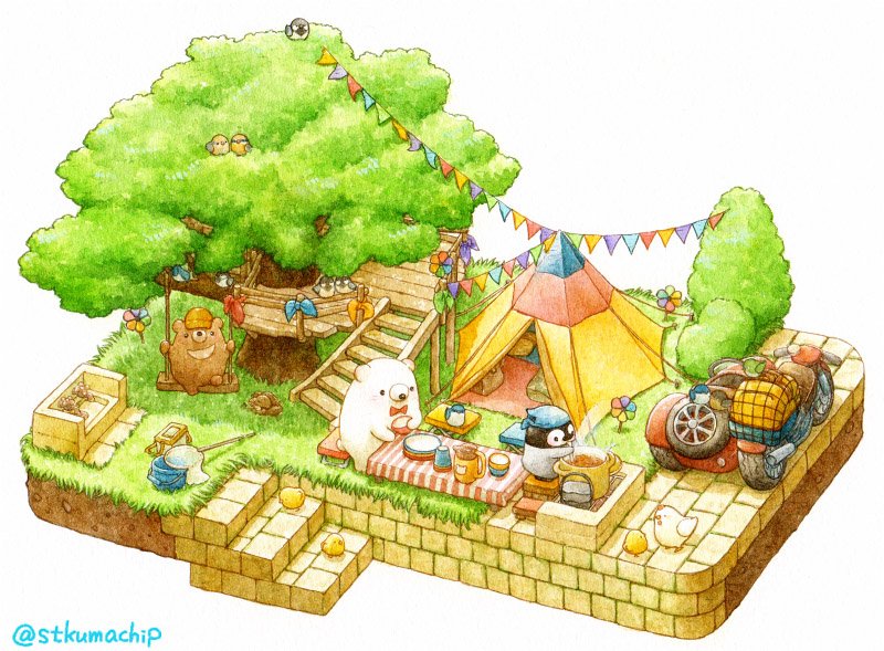 artist_name bear bird black_eyes blush bucket car chick chicken ground_vehicle hat isometric looking_away mop motor_vehicle no_humans original outdoors penguin pinwheel polar_bear pot railing sink sitting st.kuma stairs swing_set tent tire tree twitter_username yellow_hat