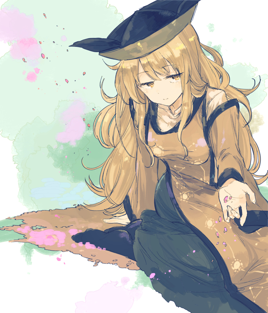 1girl bangs black_hat black_legwear blonde_hair breasts cherry_blossoms closed_eyes detached_sleeves eyebrows_visible_through_hair green_skirt half-closed_eyes hat head_tilt hisona_(suaritesumi) leaning_forward light_smile long_hair looking_at_viewer matara_okina medium_breasts outstretched_arm petals shirt sitting skirt socks solo tabard touhou white_shirt wide_sleeves yellow_eyes yokozuwari