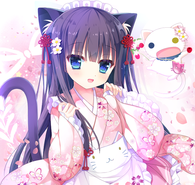 1girl :d animal animal_ear_fluff animal_ears apron black_hair blue_eyes blush cat cat_ears cat_girl cat_tail commentary_request frilled_apron frilled_skirt frilled_sleeves frills head_tilt heterochromia japanese_clothes kimono long_hair long_sleeves looking_at_viewer maid_headdress open_mouth original pinching_sleeves pink_kimono pink_skirt shiwasu_horio short_kimono skirt sleeves_past_wrists smile solo tail very_long_hair wa_maid waist_apron white_apron wide_sleeves yellow_eyes