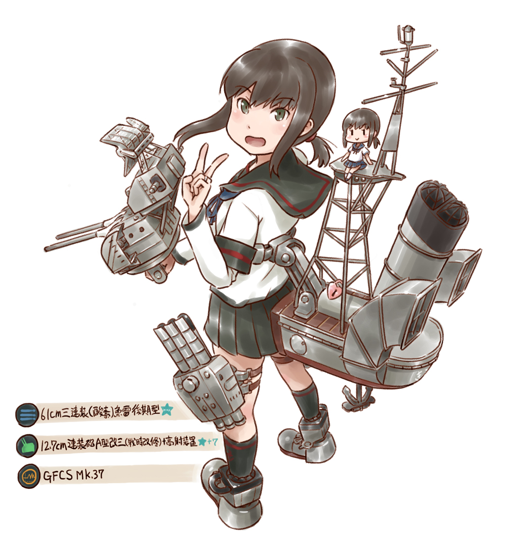 2girls arm_warmers black_hair black_sailor_collar black_skirt commentary_request cowboy_shot dual_persona from_behind fubuki_(kantai_collection) heart_lock_(kantai_collection) kantai_collection karasu_(naoshow357) looking_at_viewer looking_back looking_down low_ponytail machinery minigirl multiple_girls pleated_skirt ponytail remodel_(kantai_collection) sailor_collar school_uniform serafuku short_ponytail sidelocks simple_background sitting skirt smokestack translation_request v white_background