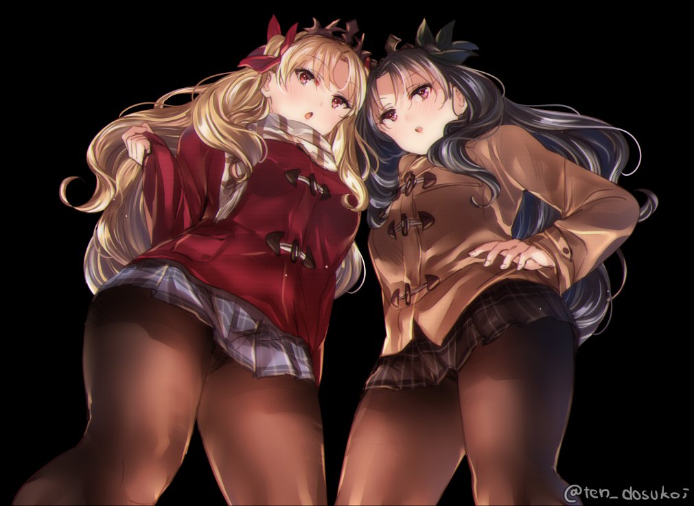 2girls black_background black_bow black_hair black_legwear blonde_hair blush bow breasts brown_jacket checkered checkered_skirt coat ereshkigal_(fate/grand_order) eyebrows_visible_through_hair fate/grand_order fate_(series) hair_between_eyes hair_bow ishtar_(fate/grand_order) jacket juurouta long_sleeves looking_at_viewer looking_down medium_breasts miniskirt multiple_girls open_mouth pantyhose red_bow red_eyes red_jacket scarf simple_background skirt striped striped_scarf violet_eyes winter_clothes