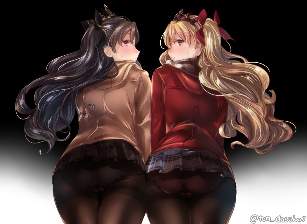 2girls ass black_background black_bow black_hair black_legwear blonde_hair blush bow brown_jacket character_request checkered checkered_skirt coat ereshkigal_(fate/grand_order) eyebrows_visible_through_hair fate/grand_order fate_(series) hair_between_eyes hair_bow ishtar_(fate/grand_order) jacket juurouta long_sleeves looking_at_viewer looking_down miniskirt multiple_girls open_mouth pantyhose red_bow red_eyes red_jacket scarf simple_background skirt striped striped_scarf winter_clothes