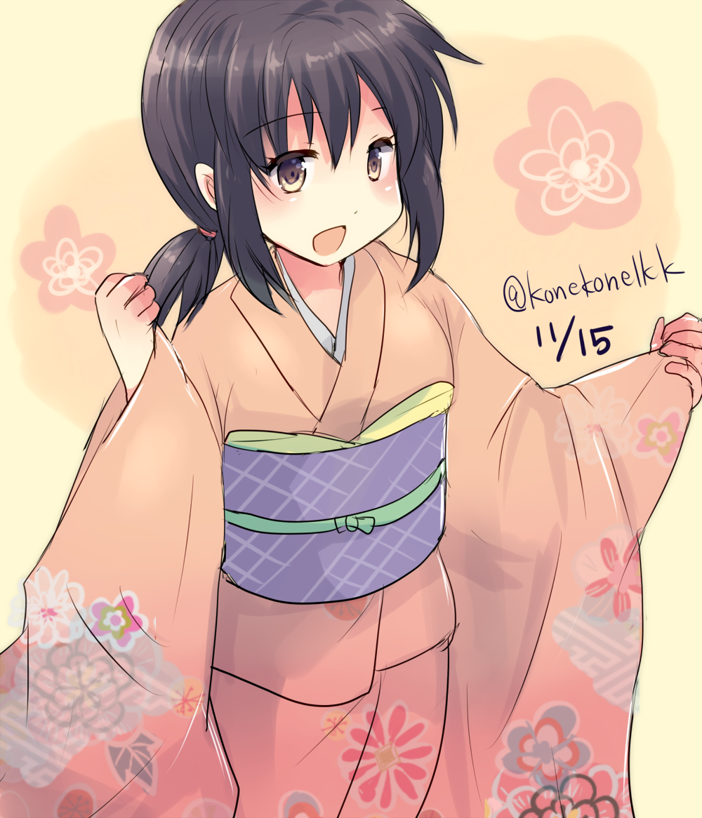 1girl black_hair brown_eyes cowboy_shot floral_print fubuki_(kantai_collection) hirune_(konekonelkk) japanese_clothes kantai_collection kimono low_ponytail obi open_mouth orange_kimono outstretched_arms ponytail print_kimono sash short_ponytail sidelocks smile solo twitter_username