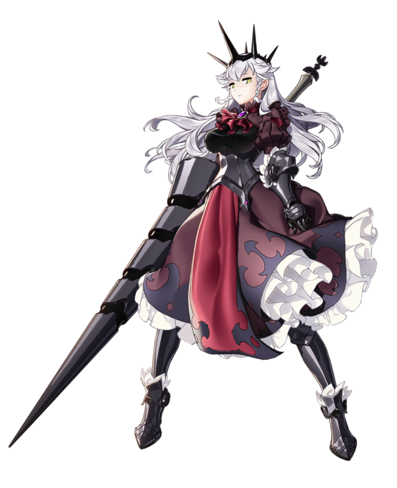 1girl armor black_footwear black_gloves black_legwear boots braid breasts brooch cecilia_(epic7) epic7 full_body gauntlets gloves headpiece holding_lance jewelry lance long_hair looking_at_viewer official_art polearm puffy_sleeves sidelocks solo standing transparent_background very_long_hair weapon yellow_eyes