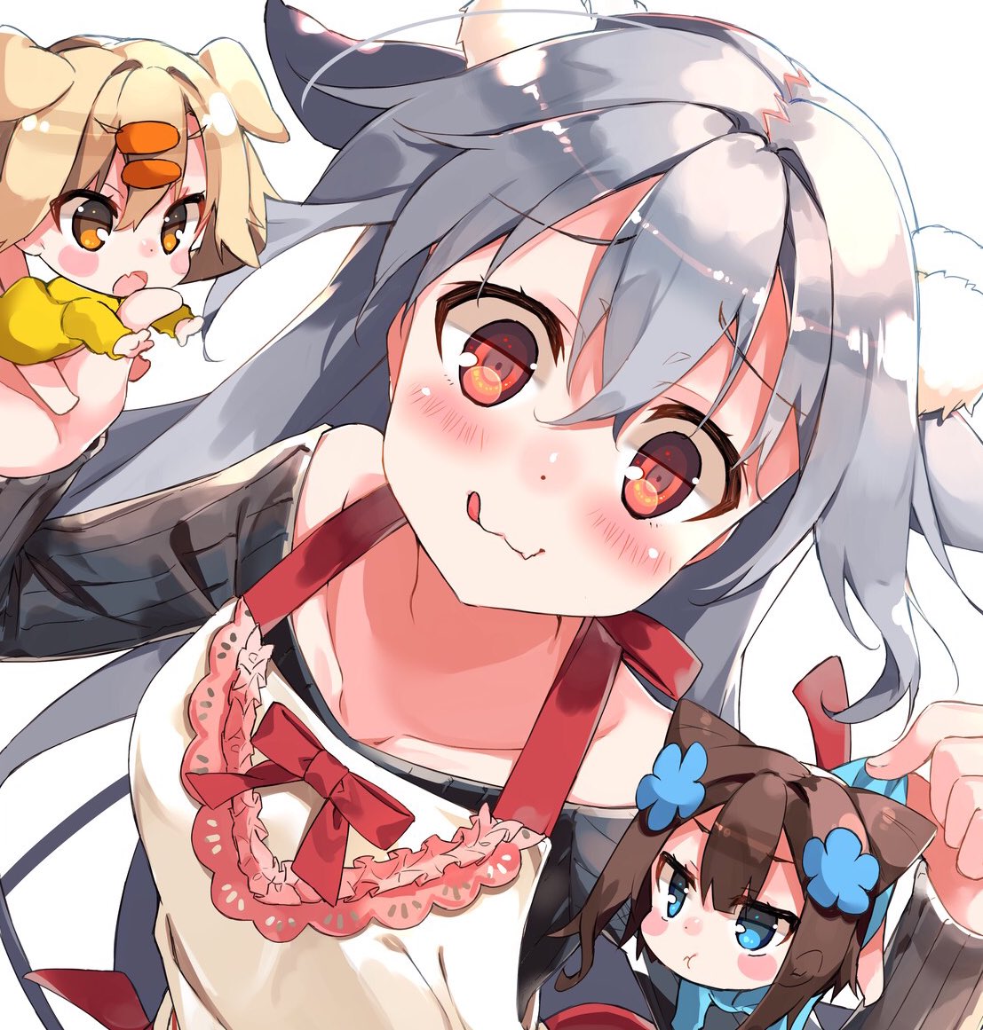 3girls :q apron bangs blush bow collarbone commentary_request feet_out_of_frame hair_between_eyes hair_flaps hinomi_(hisaka_hazara) hisaka_hazara kanomi_(hisaka_hazara) long_hair mayo_(hisaka_hazara) multiple_girls original red_eyes replaceme tagme tongue tongue_out