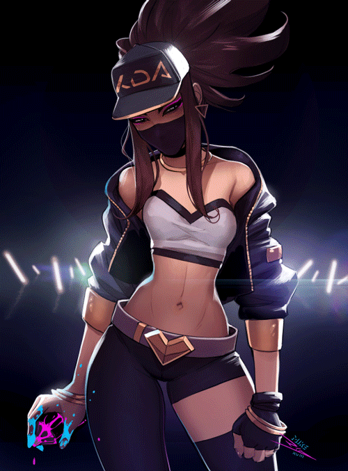 1girl akali animated asymmetrical_clothes backlighting bandeau bangle baseball_cap belt belt_buckle bracelet breasts brown_hair buckle choker clenched_hand commentary contrapposto covered_mouth cropped_jacket earrings english_commentary eyeshadow face_mask fingerless_gloves gloves hat idol jacket jewelry k/da_(league_of_legends) k/da_akali league_of_legends long_hair looking_at_viewer makeup mask midriff mike_nesbitt navel necklace open_clothes open_jacket paint paint_splatter pink_hair sidelocks single_glove single_pantsleg single_thighhigh small_breasts solo spray_can standing thigh-highs toned ultraviolet_light
