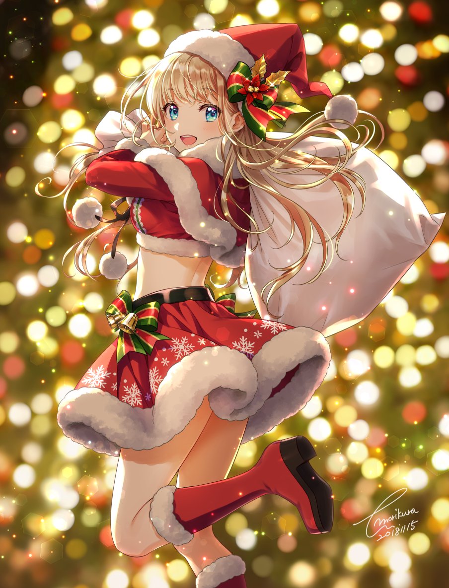1girl :d bag bangs bell blue_eyes blurry blurry_background blush bokeh boots breasts capelet christmas dated depth_of_field eyebrows_visible_through_hair floating_hair from_side fur-trimmed_boots fur_trim gift gloves hat holding holding_bag jingle_bell knee_boots leg_up long_hair looking_at_viewer morikura_en open_mouth original sack santa_boots santa_costume santa_gloves santa_hat sidelocks signature smile solo