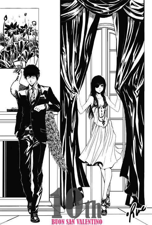 1boy 1girl bird breasts chrome_dokuro cleavage commentary_request curtains dress eyepatch fireplace flower formal greyscale hibari_kyouya katekyo_hitman_reborn long_hair looking_at_viewer monochrome painting runesque suit window