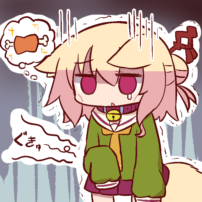 1girl animal_ears bangs bell bell_collar blonde_hair boned_meat brown_collar collar cowboy_shot ears_down eyebrows_visible_through_hair food fox_ears fox_girl fox_tail green_shirt hair_between_eyes hair_bun hair_ornament hungry jingle_bell kemomimi-chan_(naga_u) long_hair long_sleeves meat naga_u orange_neckwear original parted_lips pleated_skirt purple_skirt red_eyes sailor_collar school_uniform serafuku shirt sidelocks skirt sleeves_past_fingers sleeves_past_wrists solo sparkle stomach_growling tail teardrop thought_bubble trembling white_sailor_collar