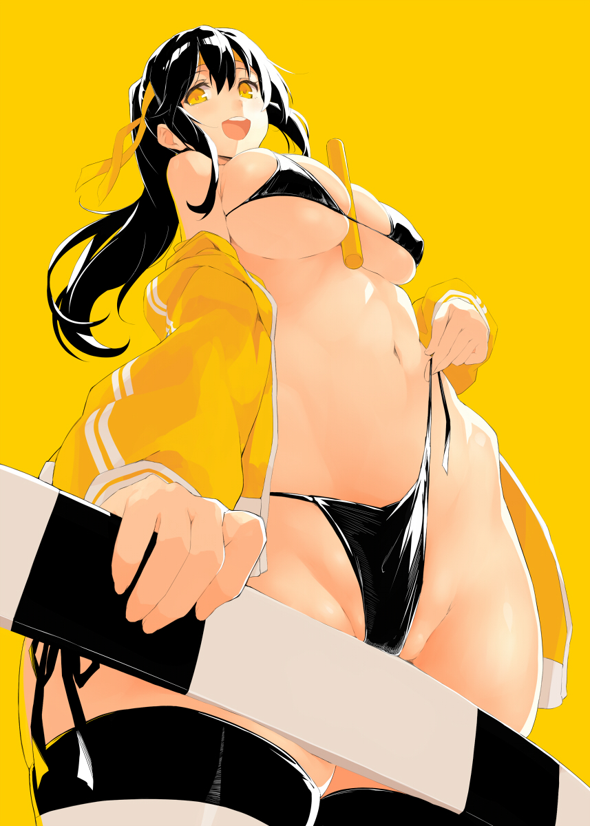 1girl between_breasts bikini black_bikini black_hair blush breasts cleavage commentary_request eyebrows_visible_through_hair from_below headband highres jacket kekemotsu large_breasts long_hair looking_at_viewer looking_down navel open_clothes open_jacket open_mouth original ponytail rod side-tie_bikini simple_background smile solo stomach striped striped_legwear swimsuit thigh-highs track_jacket untied untied_bikini yellow_background yellow_eyes