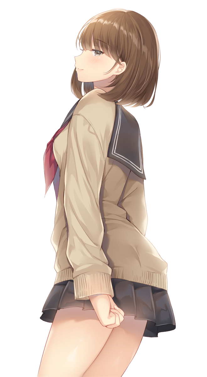 1girl arms_at_sides bangs black_sailor_collar black_skirt blush bob_cut breasts brown_eyes brown_hair brown_sweater clenched_hand closed_mouth commentary_request cowboy_shot eyebrows_visible_through_hair fingernails half-closed_eye highres light_smile long_sleeves looking_at_viewer looking_back looking_to_the_side miniskirt neckerchief noda_shuha original pleated_skirt profile red_neckwear sailor_collar school_uniform serafuku short_hair simple_background skirt sleeves_past_wrists small_breasts solo standing sweater thighs white_background