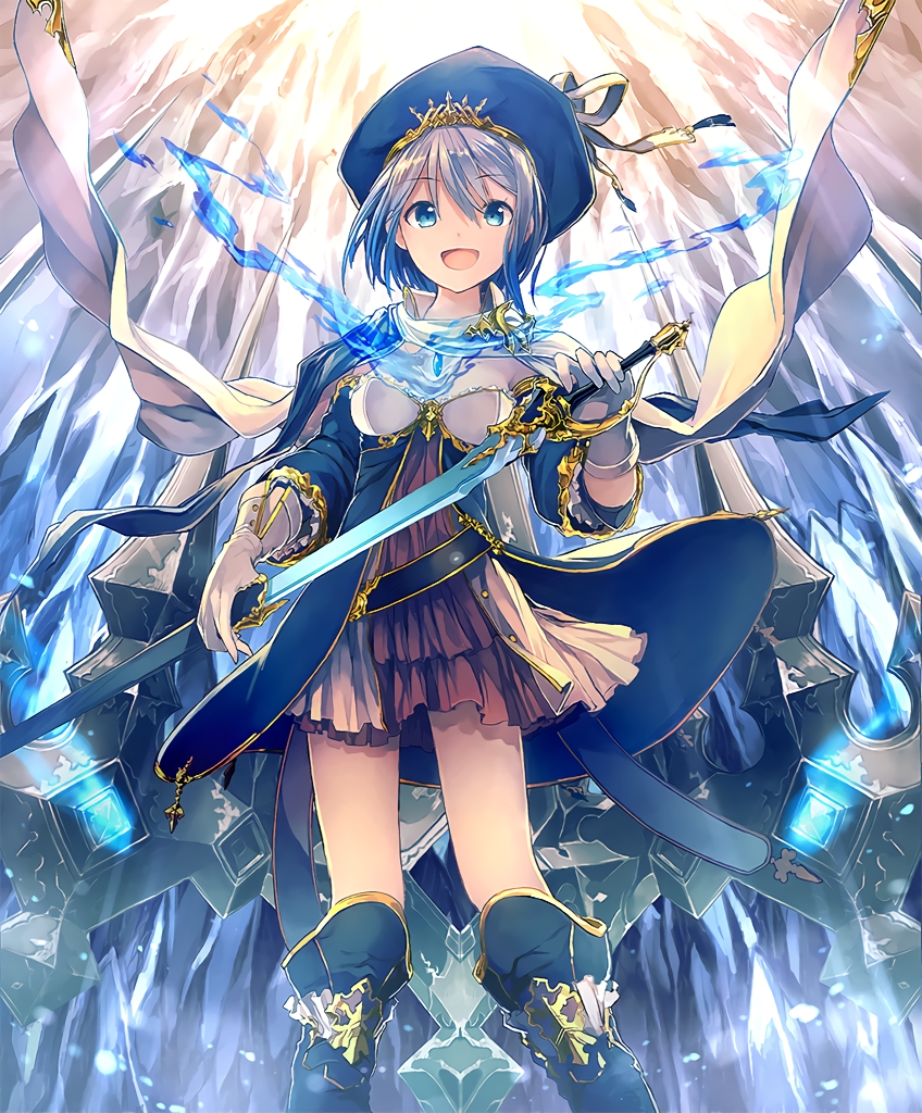 1girl :d artist_request blue_eyes blue_hair boots capelet cygames eyebrows_visible_through_hair frills gem gloves gold_trim hat hat_ribbon knee_boots miriam_(shadowverse) open_mouth ribbon shadowverse sheath short_hair smile sword unsheathing weapon