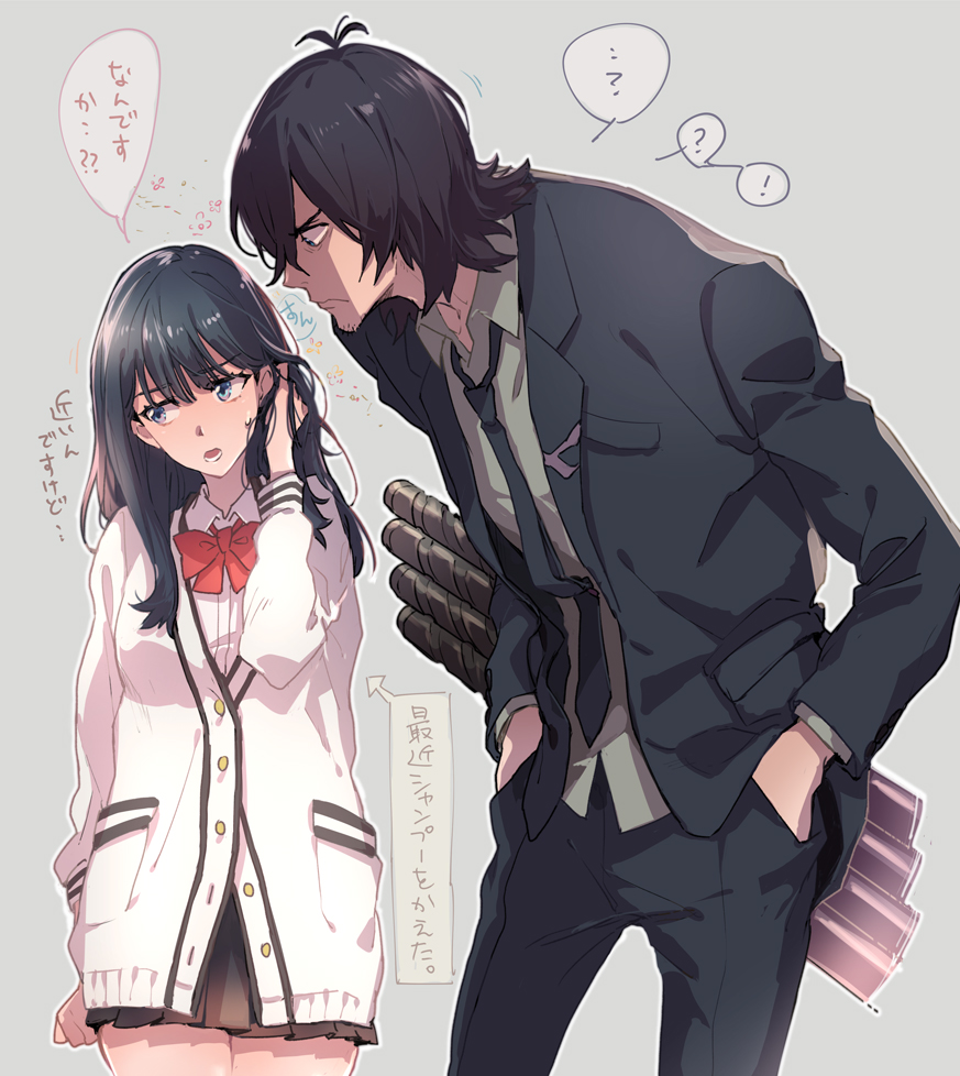 1boy 1girl bangs black_hair black_neckwear black_skirt black_suit blue_eyes bow bowtie buttons closed_mouth facial_hair formal geiyajin grey_background hair_between_eyes hand_in_hair hands_in_pockets leaning_forward long_hair long_sleeves looking_at_another looking_to_the_side miniskirt multiple_swords necktie open_mouth pleated_skirt red_neckwear samurai_calibur school_uniform sheath sheathed simple_background skirt speech_bubble ssss.gridman stubble suit sweater sword takarada_rikka thighs translated weapon white_sweater
