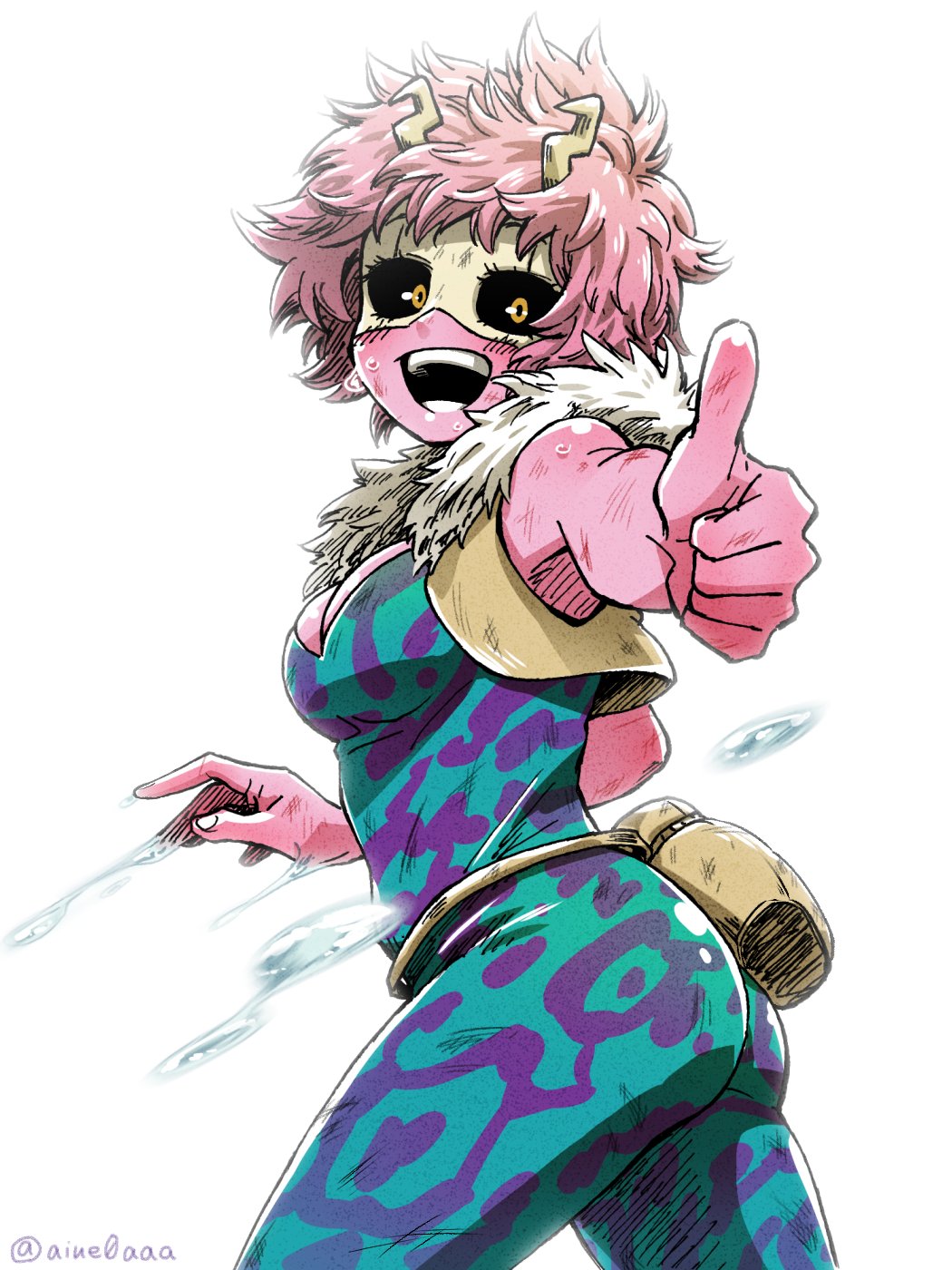 1girl aiue0 armpit_peek ashido_mina ass bare_shoulders black_sclera blush bodysuit boku_no_hero_academia breasts cleavage cowboy_shot cropped_jacket domino_mask from_side fur_trim highres horns mask medium_breasts open_mouth pink_hair pink_skin pouch short_hair simple_background sleeveless smile solo teeth thumbs_up twitter_username white_background yellow_eyes