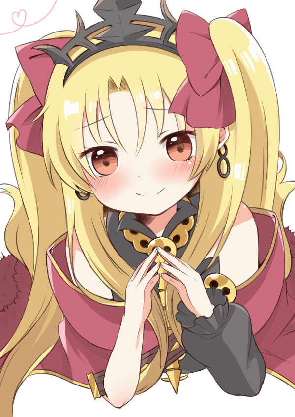 1girl bangs bare_shoulders black_sleeves blonde_hair blush bow cape closed_mouth commentary_request detached_sleeves earrings ereshkigal_(fate/grand_order) eyebrows_visible_through_hair fate/grand_order fate_(series) fingernails fingers_together hair_between_eyes hair_bow hands_up heart hikkii infinity jewelry long_hair long_sleeves parted_bangs puffy_long_sleeves puffy_sleeves red_bow red_cape red_eyes simple_background single_detached_sleeve skull sleeveless smile solo tiara two_side_up white_background