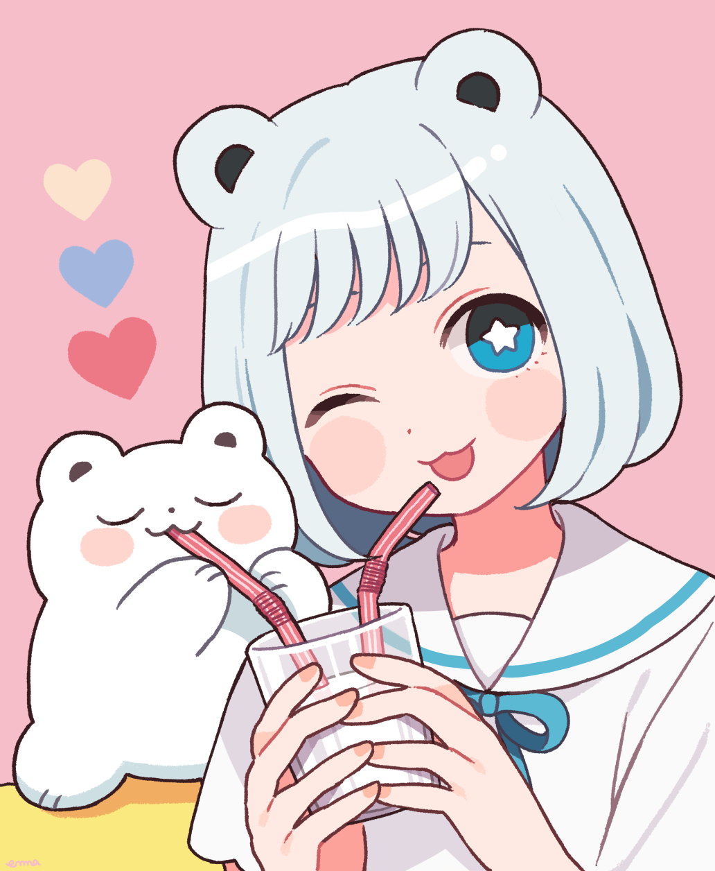 1girl animal_ears bangs bear bear_ears blue_eyes blush closed_eyes cup drinking drinking_straw heart highres holding holding_cup medium_hair nokanok one_eye_closed open_mouth original pink_background sailor_collar shirt short_sleeves silver_hair sitting smile star star-shaped_pupils symbol-shaped_pupils upper_body white_shirt