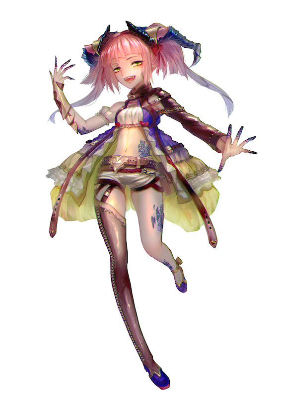 1girl :d bangs belt belt_buckle blue_footwear breasts brown_legwear buckle fantasy horns leg_tattoo long_sleeves looking_at_viewer navel open_mouth pink_hair reishiza short_shorts shorts single_thighhigh small_breasts smile standing stomach_tattoo tattoo thigh-highs twintails underpower_motors white_background yellow_eyes