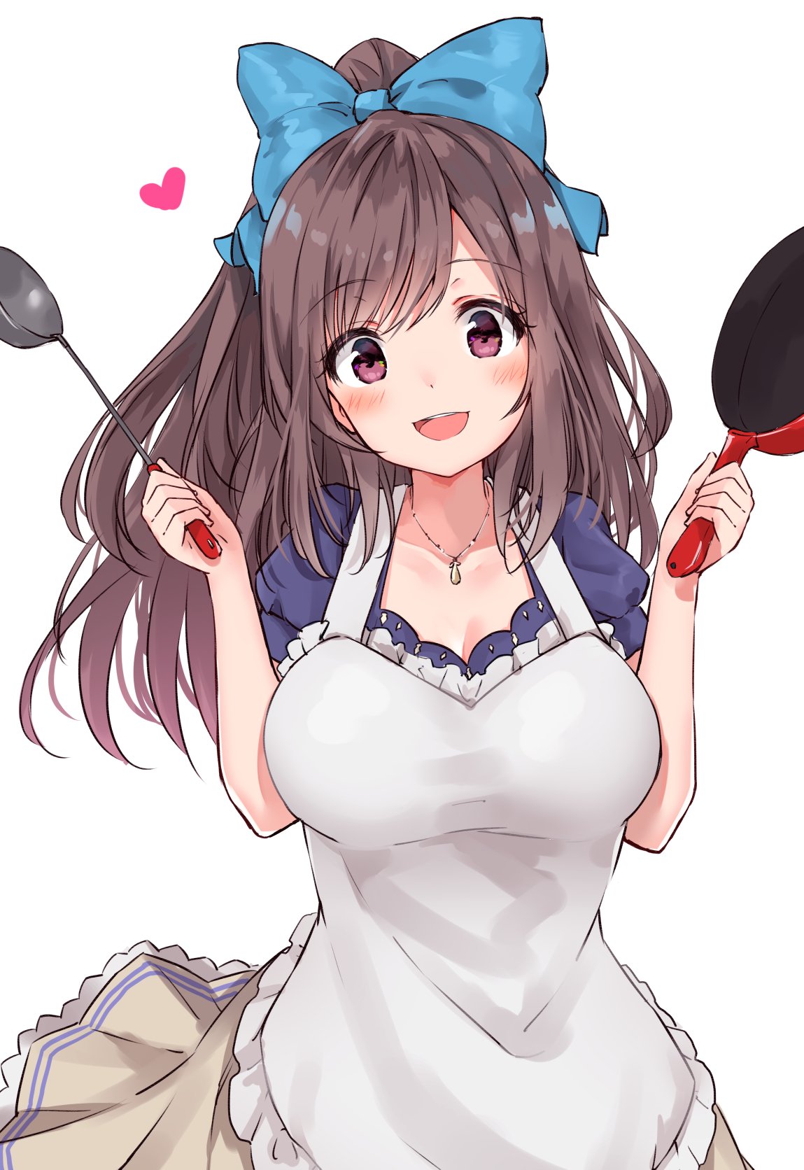 1girl :d apron bangs blue_bow blue_shirt blush bow breasts brown_hair brown_skirt cleavage collarbone commentary_request eyebrows_visible_through_hair frilled_apron frills frying_pan hair_bow hands_up heart high_ponytail highres holding holding_ladle holding_pan idolmaster idolmaster_shiny_colors jewelry lace lace-trimmed_skirt lace_trim ladle large_breasts long_hair looking_at_viewer minikon necklace open_mouth pleated_skirt puffy_short_sleeves puffy_sleeves red_eyes shirt short_sleeves simple_background skirt smile solo swept_bangs tareme tsukioka_kogane upper_body upper_teeth white_background