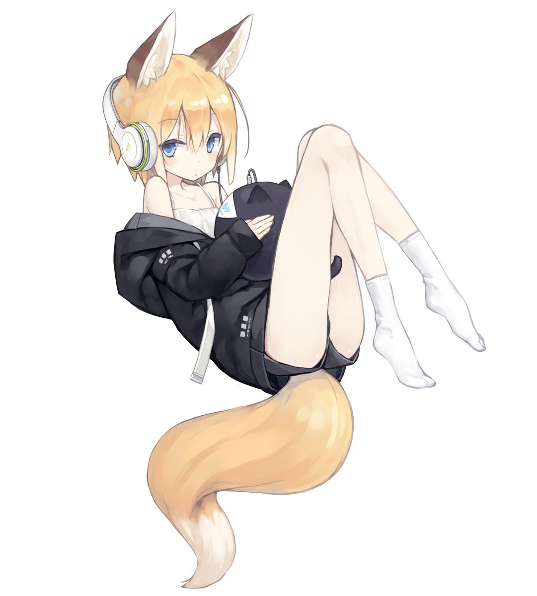1girl :&lt; animal_ears ass bangs bare_shoulders blonde_hair blue_eyes blush cable commentary_request eyebrows_visible_through_hair fox_ears fox_tail full_body headphones highres holding jacket knees_up kuroino_(poco) long_sleeves looking_at_viewer lying no_shoes off_shoulder on_back original poco_(asahi_age) shiratama_kitsune short_hair shorts simple_background socks solo tail white_background white_legwear