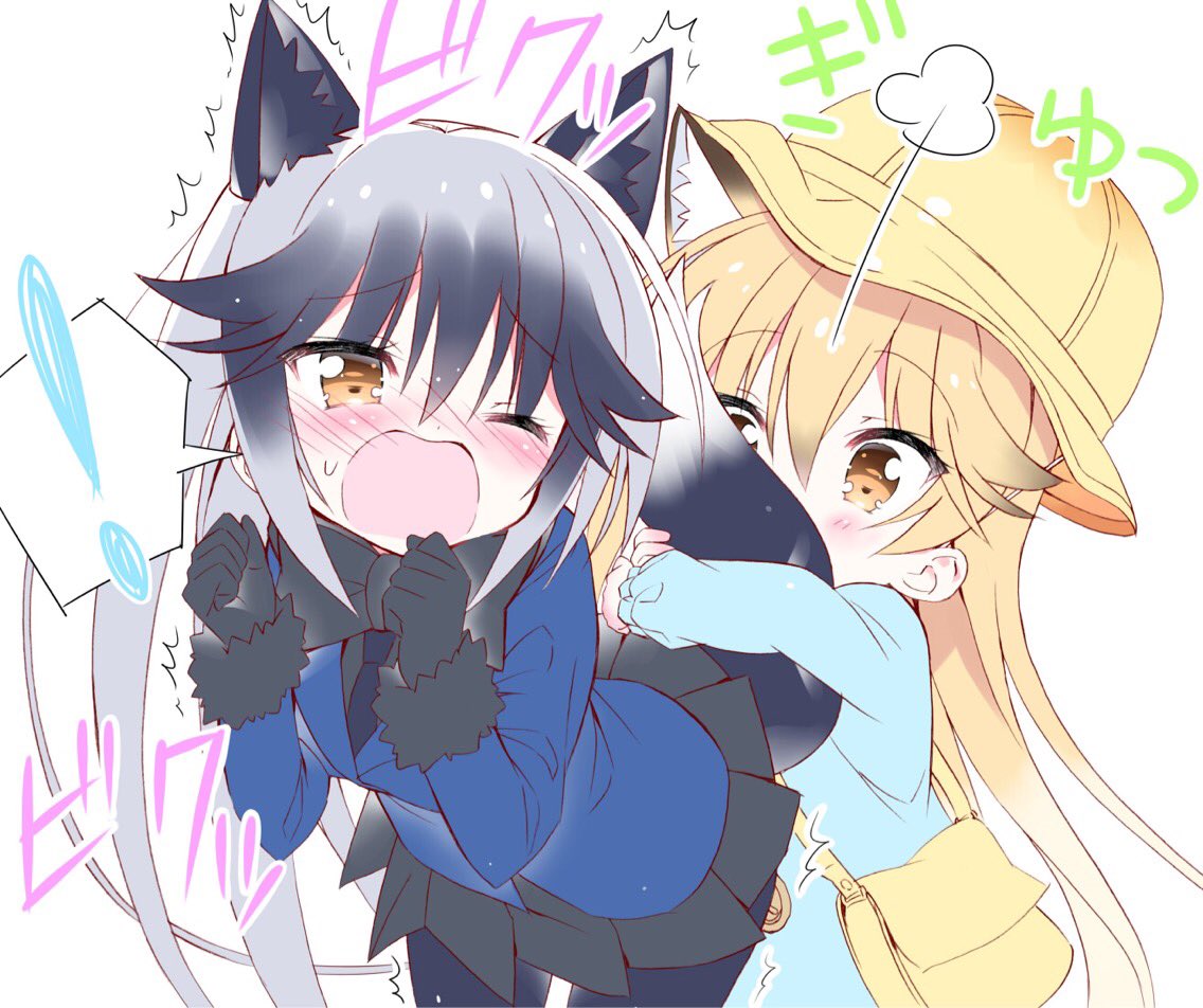 ! 2girls animal_ears bag black_gloves black_legwear black_neckwear black_shirt black_skirt blazer blonde_hair blue_jacket blue_shirt blush bow bowtie brown_eyes clenched_hands commentary_request ezo_red_fox_(kemono_friends) fox_ears fox_tail gloves hat hug hug_from_behind jacket kemono_friends kindergarten_uniform leaning_forward long_hair moaning multiple_girls necktie one_eye_closed open_mouth pantyhose pleated_skirt school_hat shirt silver_fox_(kemono_friends) silver_hair simple_background skirt spoken_exclamation_mark surprised tail tail_hug takahashi_tetsuya upper_body white_background wince yellow_hat