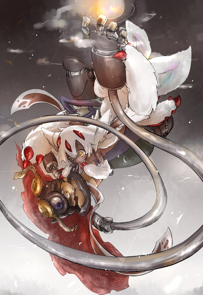 1boy 1girl breasts cape claws dark_skin falling faputa helmet made_in_abyss mechanical_arm multiple_arms regu_(made_in_abyss) sideboob sky small_breasts source_request tona_o topless white_hair yellow_eyes