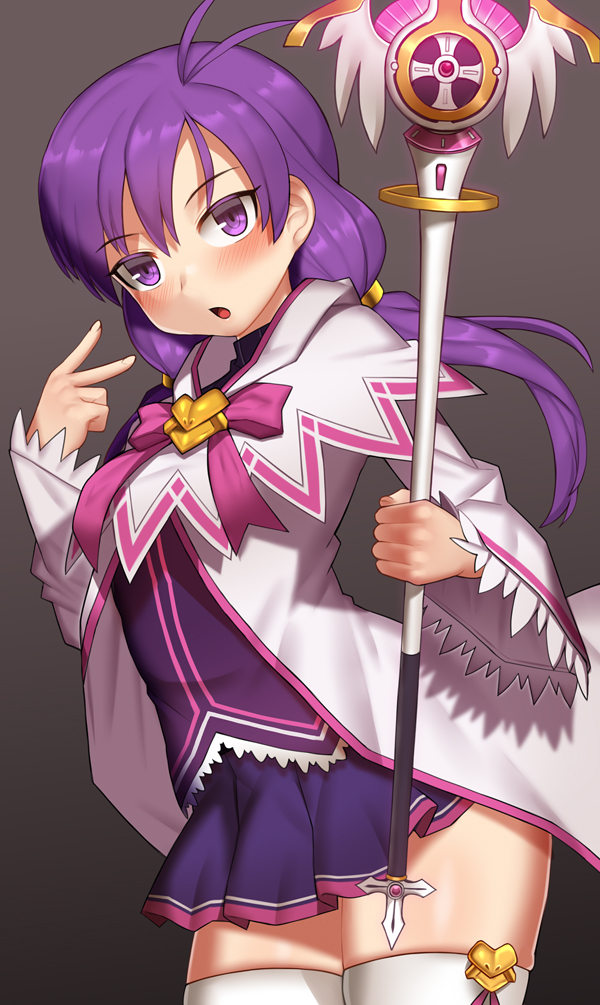 1girl aisha_(elsword) blush elemental_master_(elsword) elsword eyebrows_visible_through_hair holding holding_weapon hood hooded_jacket jacket long_hair low_twintails nt00 open_mouth simple_background staff standing thighs twintails weapon wings