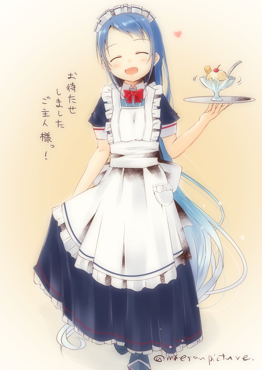 1girl alternate_costume apron bangs blue_dress blue_hair closed_eyes dress enmaided heart highres holding holding_dress holding_tray kantai_collection long_hair looking_at_viewer mae_(maesanpicture) maid maid_apron maid_headdress open_mouth samidare_(kantai_collection) sidelocks simple_background solo swept_bangs translated tray very_long_hair